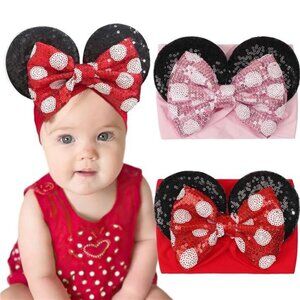 2Pcs Baby Girl Mouse Ear Headbands Sequin Bow Toddler Kids Party Hair Accessorie
